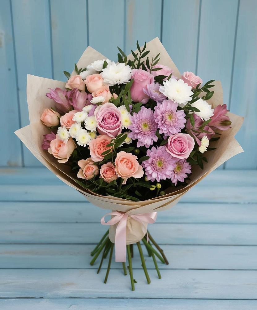 Букет цветов из: Хризантемы, Розы и Альстромерии в Лебяжьем Ленинградской области