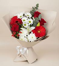 Букет цветов из:  Розы, Хризантемы, Герберы и Лилии в Лебяжьем Ленинградской области