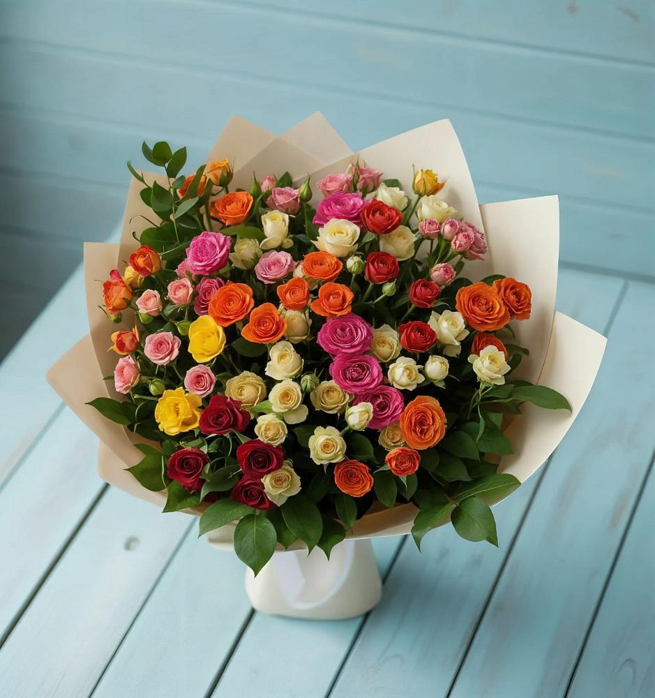 Букет Микс из разноцветных кустовых роз в Лебяжьем Ленинградской области