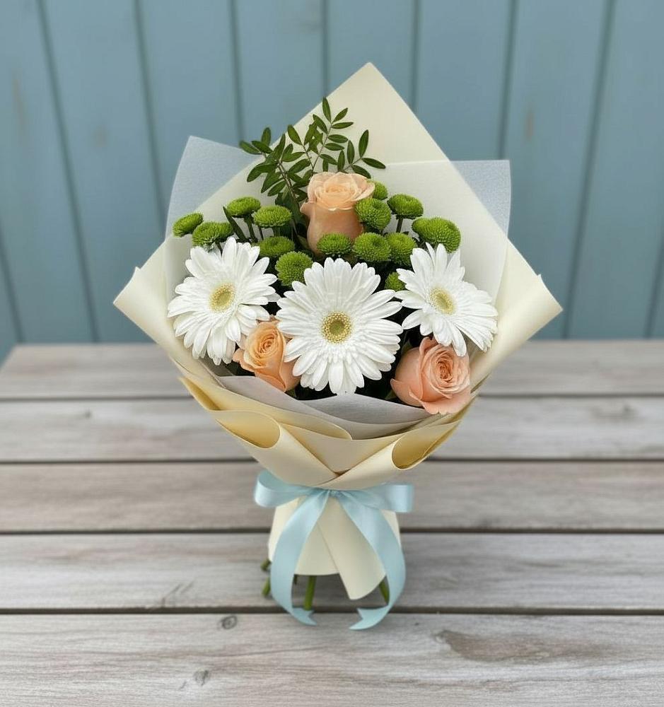 Букет цветов из: Герберы, Розы и Хризантемы в Лебяжьем Ленинградской области